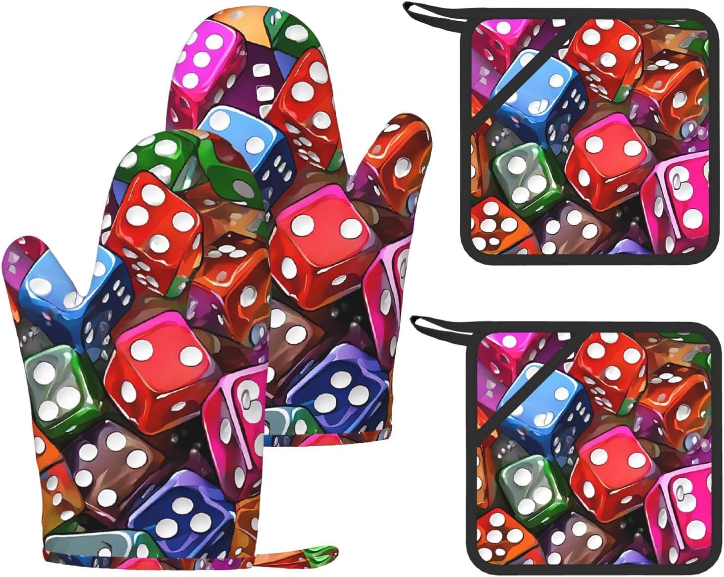 Games Dice Set 4pcs Oven Mitts and Pot Holders Sets for Kitchen, Silicone Oven Gloves Non-Slip Potholders Hot Pads for Baking Cooking