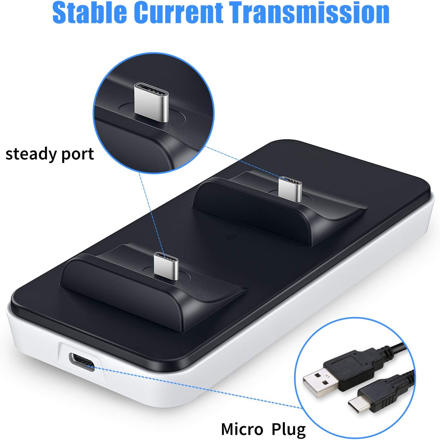 ECHTPower PlayStation 5 Controller Charger, Dual USB Charging Station for Sony Playstation 5, Slim and Portable, IC Protection, Fast Charging, Two Dualsense PS5 Controllers Charging Dock Stand Station