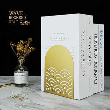 QiMing Ukiyoe Auspicious Clouds Bookends for Heavy Books,1 Pair Metal Wavy Pattern Book Holders for Office Shelves Adults & Kids Gift