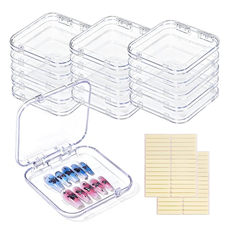 Caixas de acrílico para armazenamento de unhas postiças Raisetip com fita adesiva dupla face, transparentes, 16 unidades