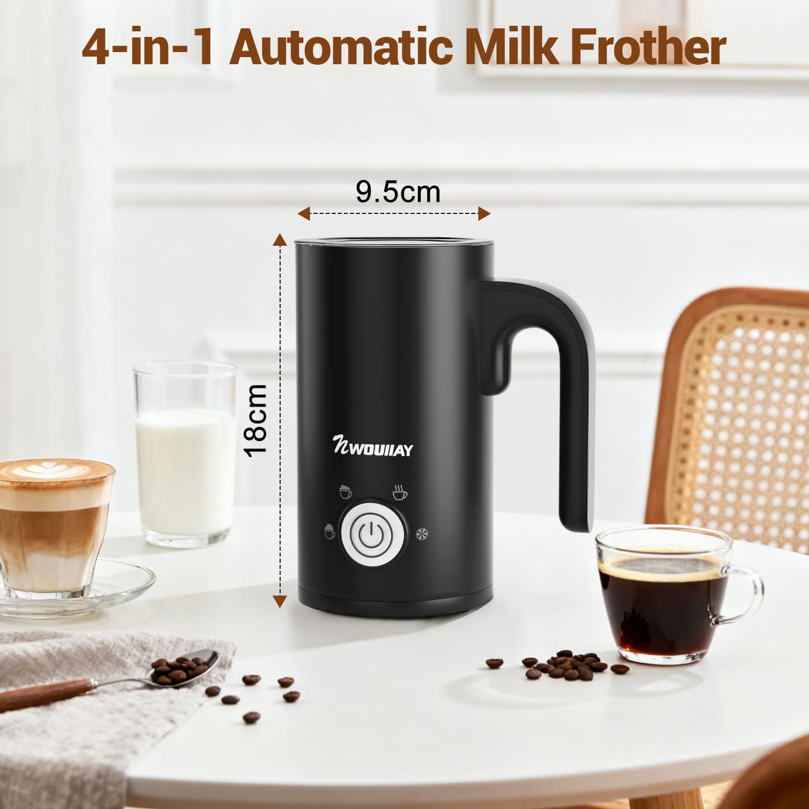 NWOUIIAY Montalatte Elettrico 4 in 1 Cappuccinatore Elettrico 300ML 600W Silenzioso con Manico per Caldo e Freddo Schiuma di Latte Rivestimento Antiaderente per Latte Cappuccino Macchiato