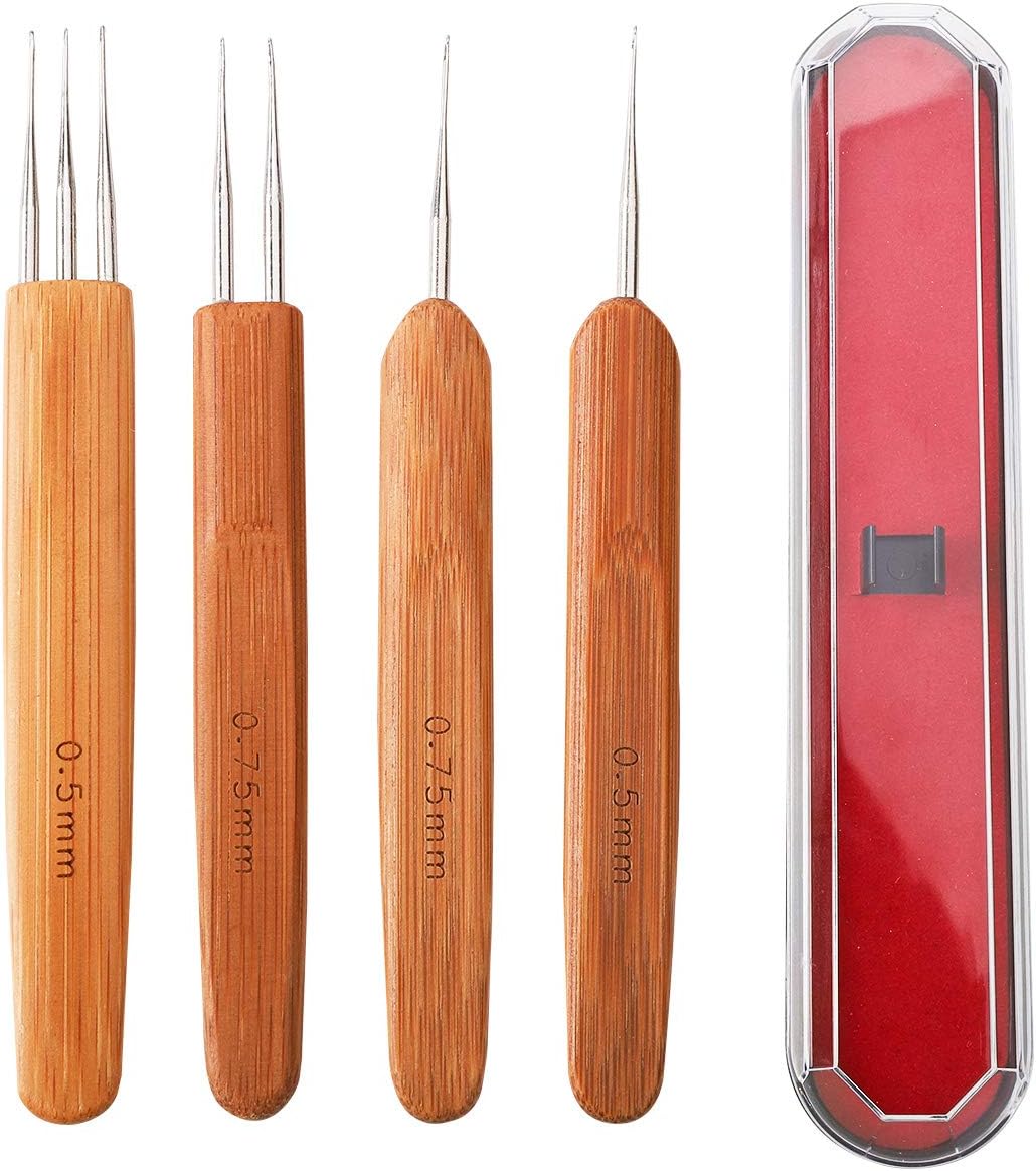 4 Pcs Dreadlock Crochet Hook(1Hook & 2Hook & 3Hook), 4 × 0.5-0.75Mm Braids Hair Crochet Kit + 4 × Crochet Box, Bamboo Crochet Needle for Dreads Tool Twist Hair Extensions