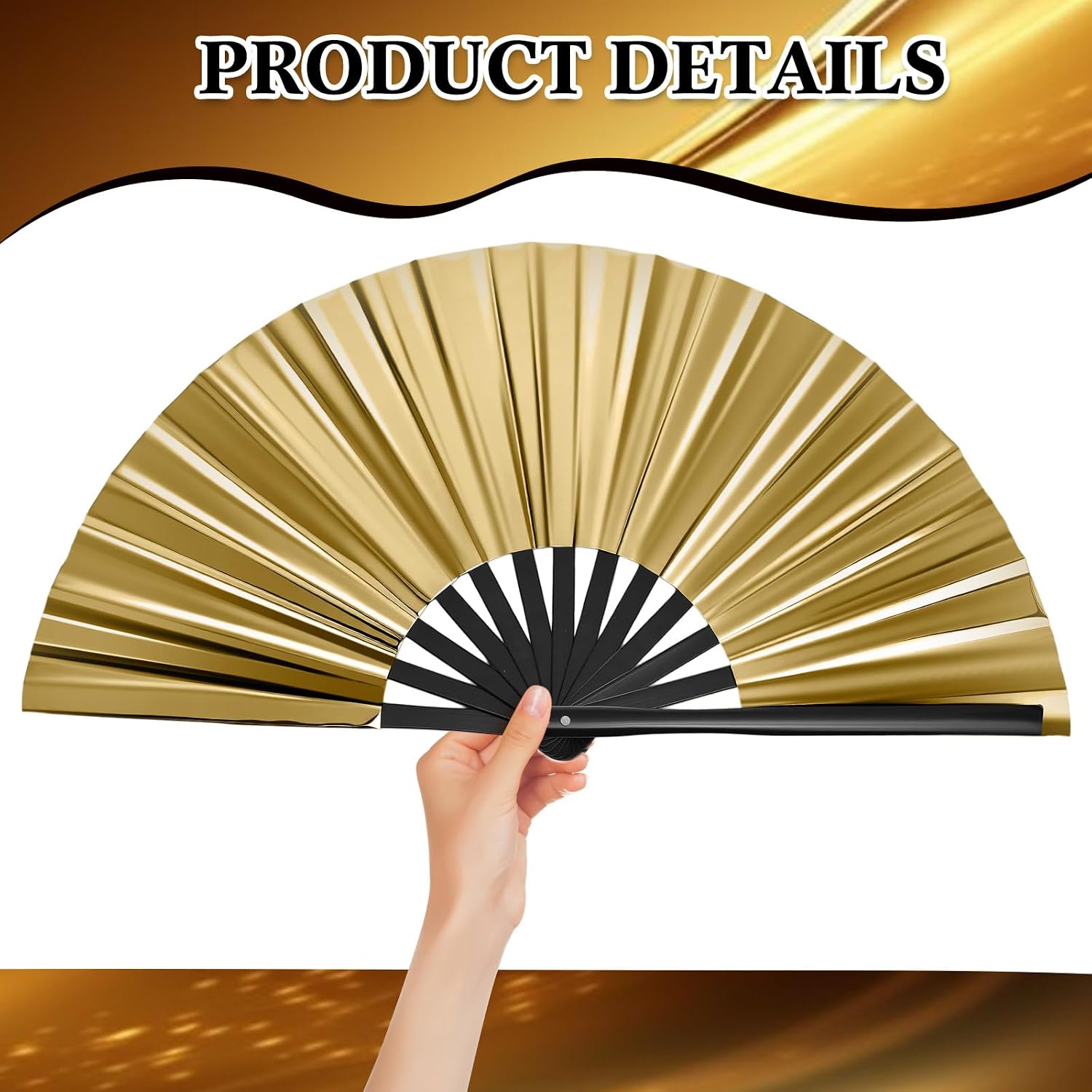 Maitys Large Folding Hand Rave Fans for Line Dancing Large Chinese Handheld Tai Ji Fans for Men and Women, Kungfu, Martial Art, Gifts, Music Festival Party(Laser Gold,2 Pack)