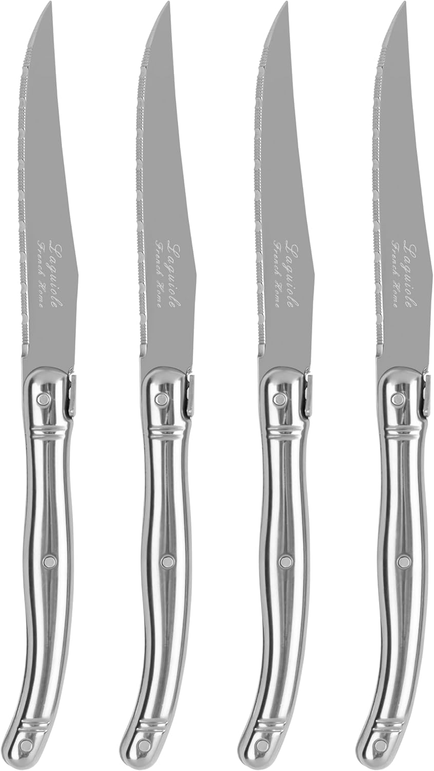 French Home Laguiole Connoisseur 4-Piece Steak Knife Set – Stainless Steel with Etched Detailing & Napoleon Bee Emblem – Serrated Knives for Smooth Cutting (9.25")
