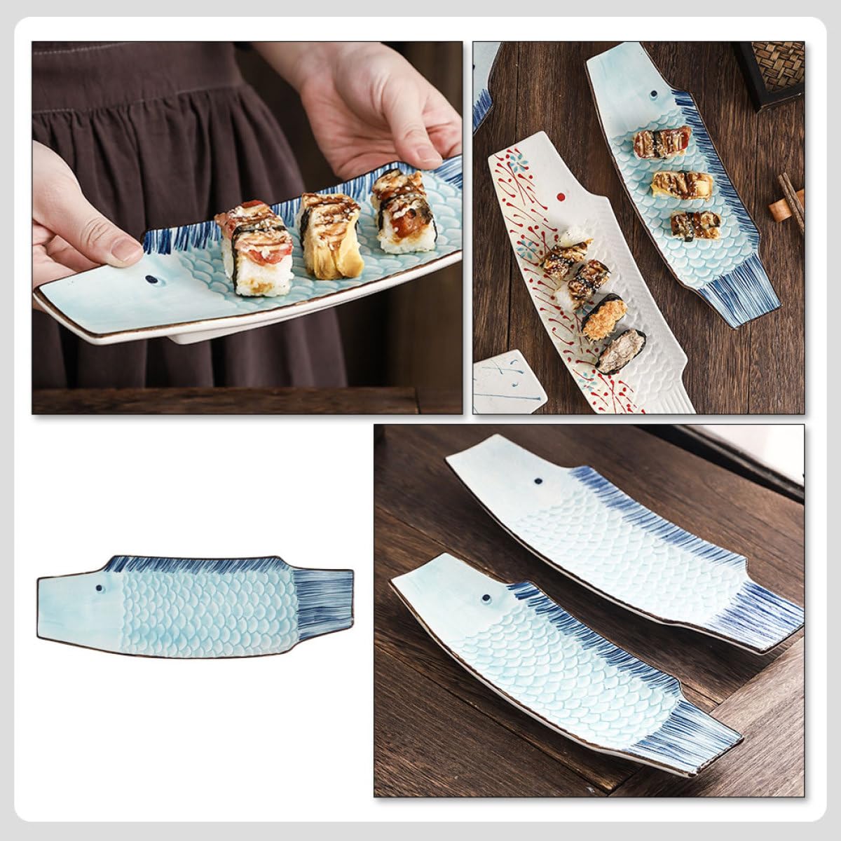 HANABASS Assiette de Sashimi Facile à Nettoyer en Céramique Forme Poisson, Design Japonerie Classique pour Restaurants et Décoration