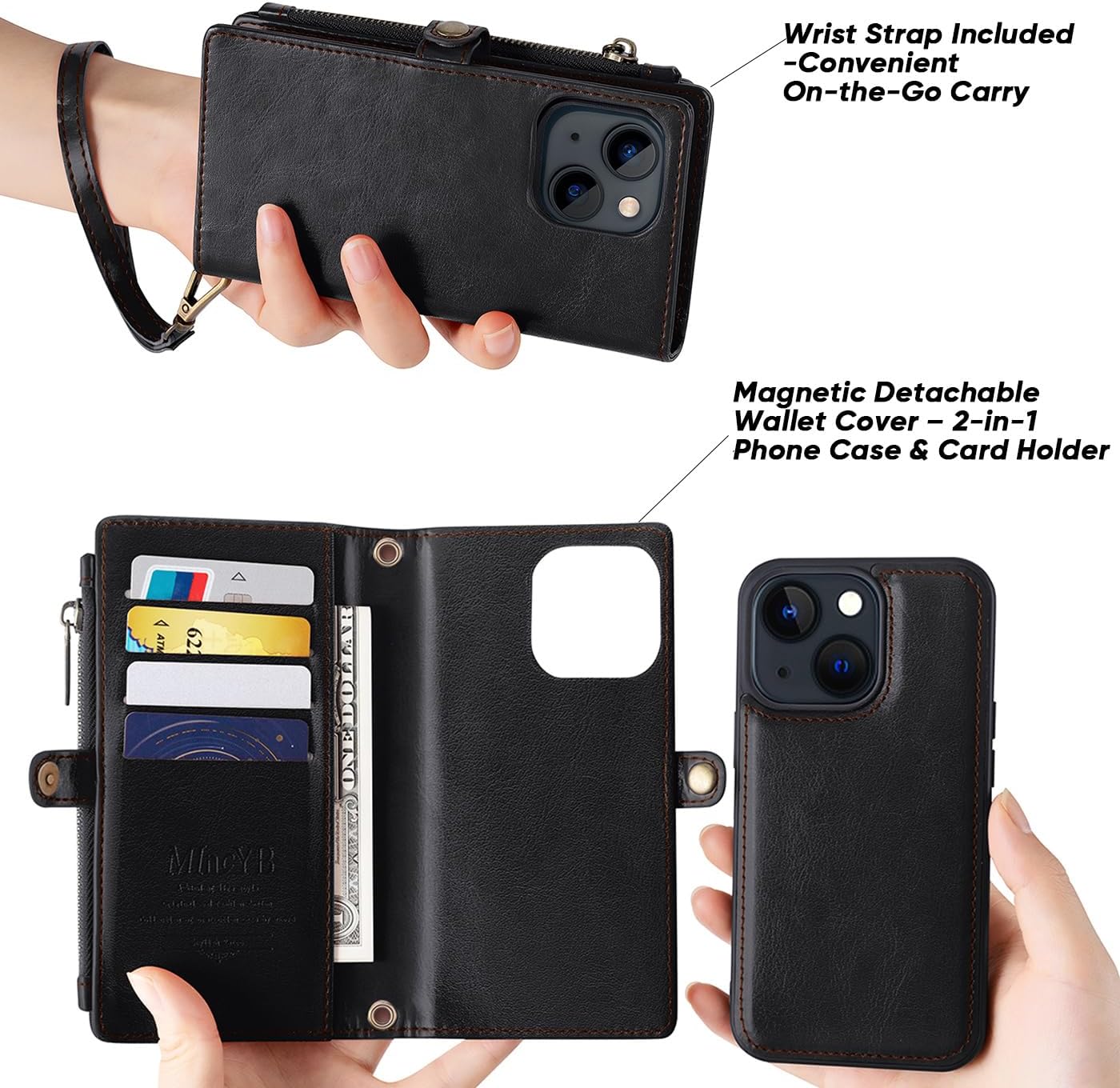 MInCYB for iPhone 15 Pro Max Wallet Case – Detachable Magnetic Wallet with RFID Blocking, PU Leather Zipper & Strap for Women Men - Image 5