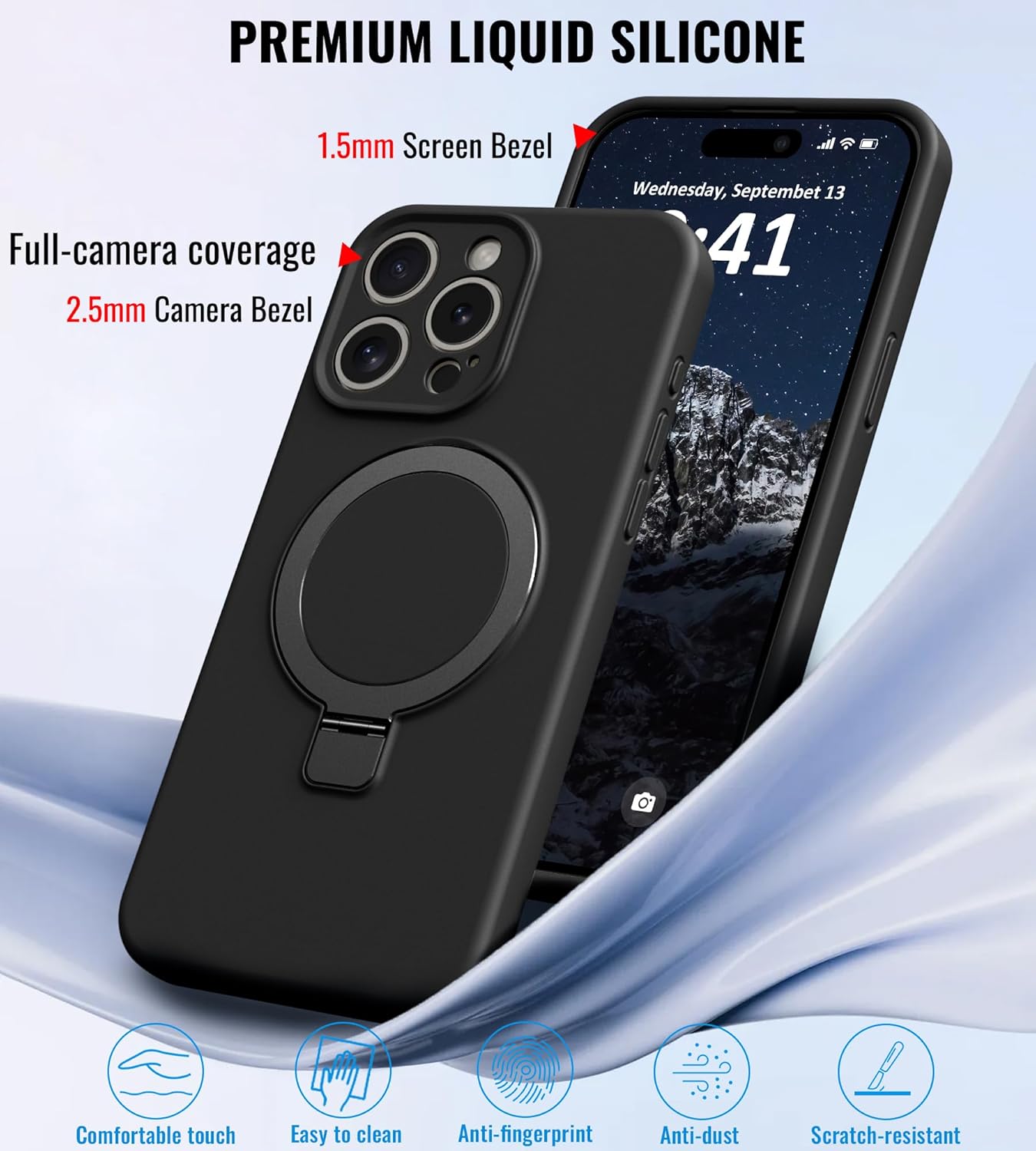 Compatible with iPhone 13 Pro Case with Stand, Full Camera Protection Slim Liquid Silicone Phone Cases Fit for iPhone 13 Pro Compatible with MagSafe Magnetic Ring Kickstand Case 6.1", Black