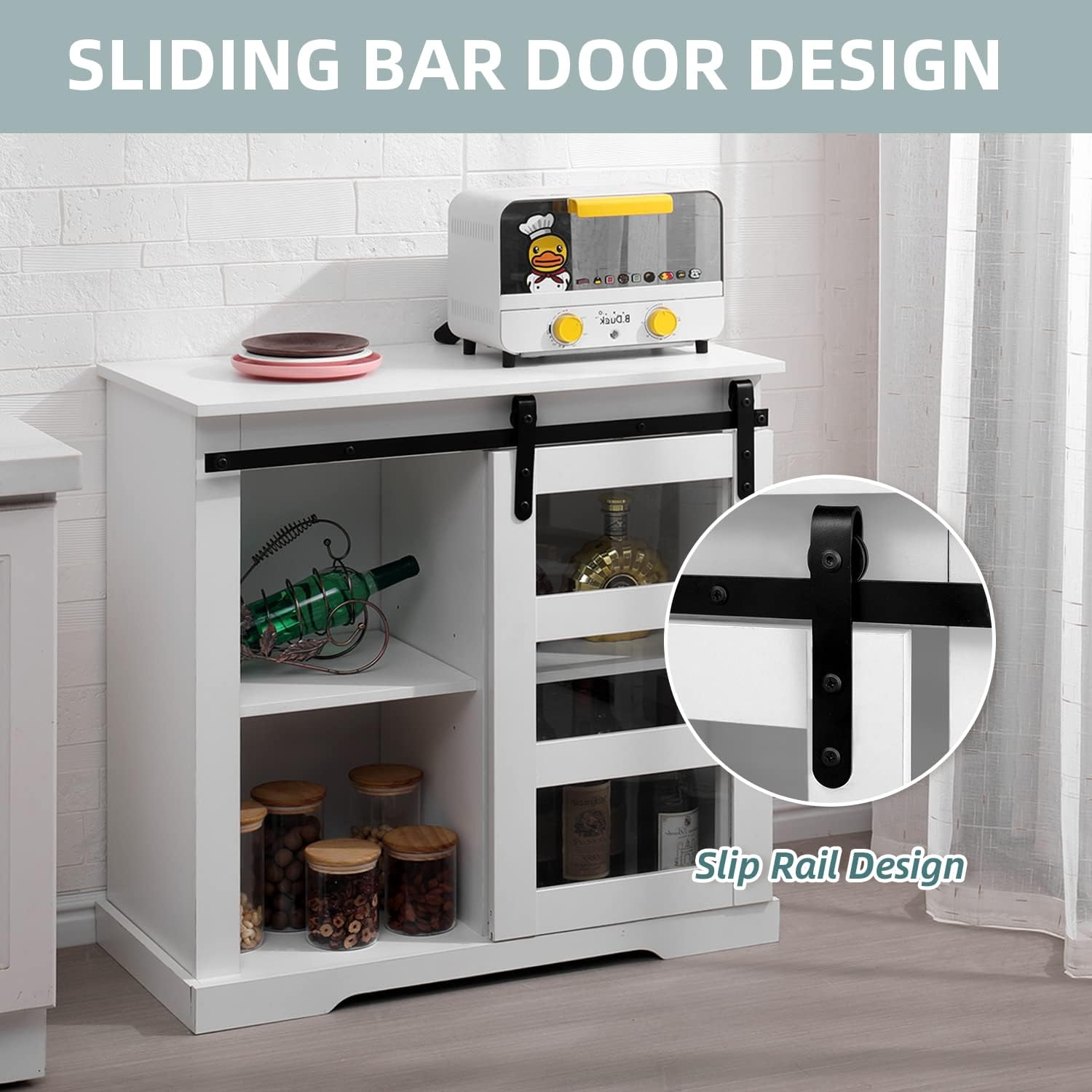 EROMMY Coffee Bar Cabinet, Farmhouse Buffet Storage Cabinet Kitchen Sideboard with Sliding Barn Door and Adjustable Shelves, for Living Room Bathroom Enterway, White