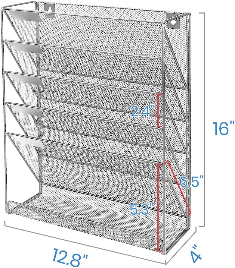 Mesh Hanging Wall File Organizer 5 Tier Vertical Mount, Durable Wall File Holder with Bottom Flat Tray for Office Home， Silver : Everything Else