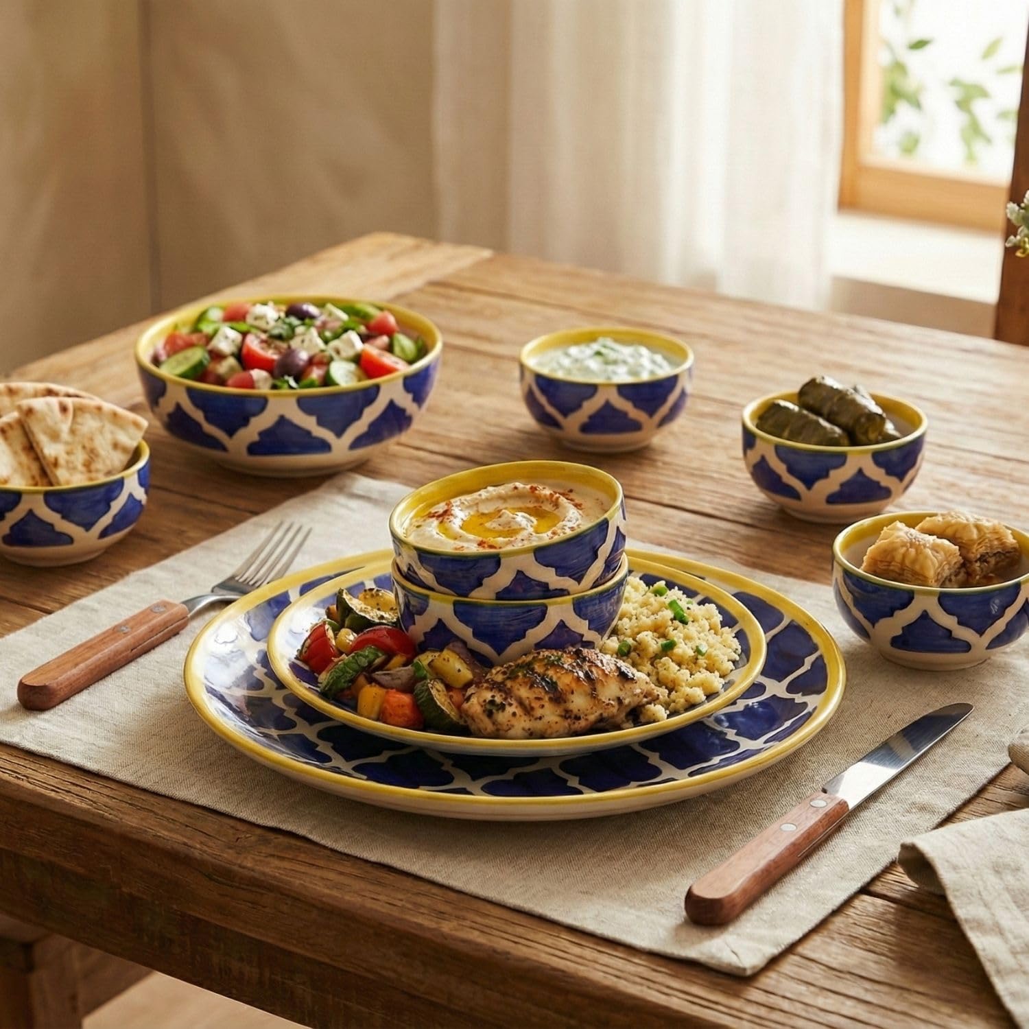 Freakway Premium Moroccan Hand Glazed Dinner Set of 12 Pieces for Dinner with Bowls | 6 Dinner Plates and 6 Serving Bowl/katori | Microwave & Dishwasher Safe - Blue 1