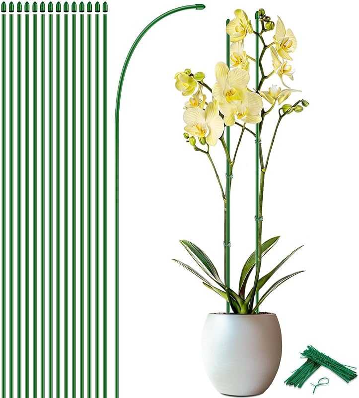 15Pcs Orchid Stakes,SupKing 17.7 Inch Plant Support Sticks Invisible Bendable Green Pole Rods for Small Indoor Outdoor Potted Plants Comes 20Pcs Ties
