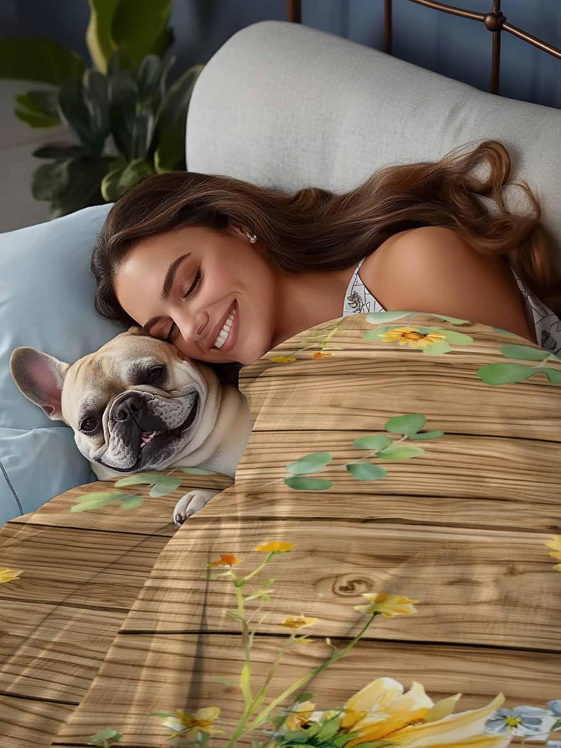 Top Sheet Full Bedding Flat Sheet Only, Summer Sunflower Brown Plaid Microfiber Bed Sheets Soft Breathable Bedding Flat Sheets, Farmhouse Leaves Plant Hotel Luxury Top Sheets