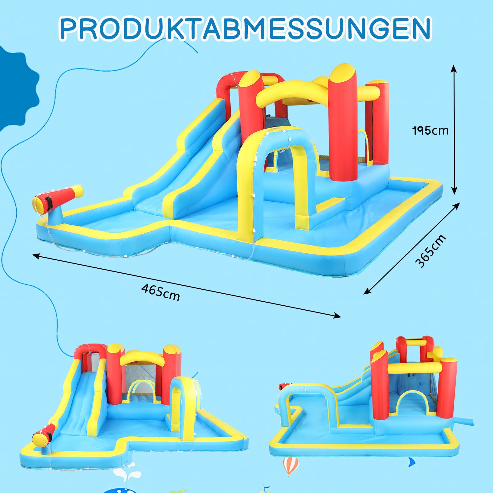LEADZM Hüpfburg mit Gebläse, Großer Hüpfburg Kinder mit Trocken oder Wasserrutsche, Kletterwand, Schwimmbad, Geeignet für 3 Kinder von 3–10 Jahren, 465 x 365 x 195 cm