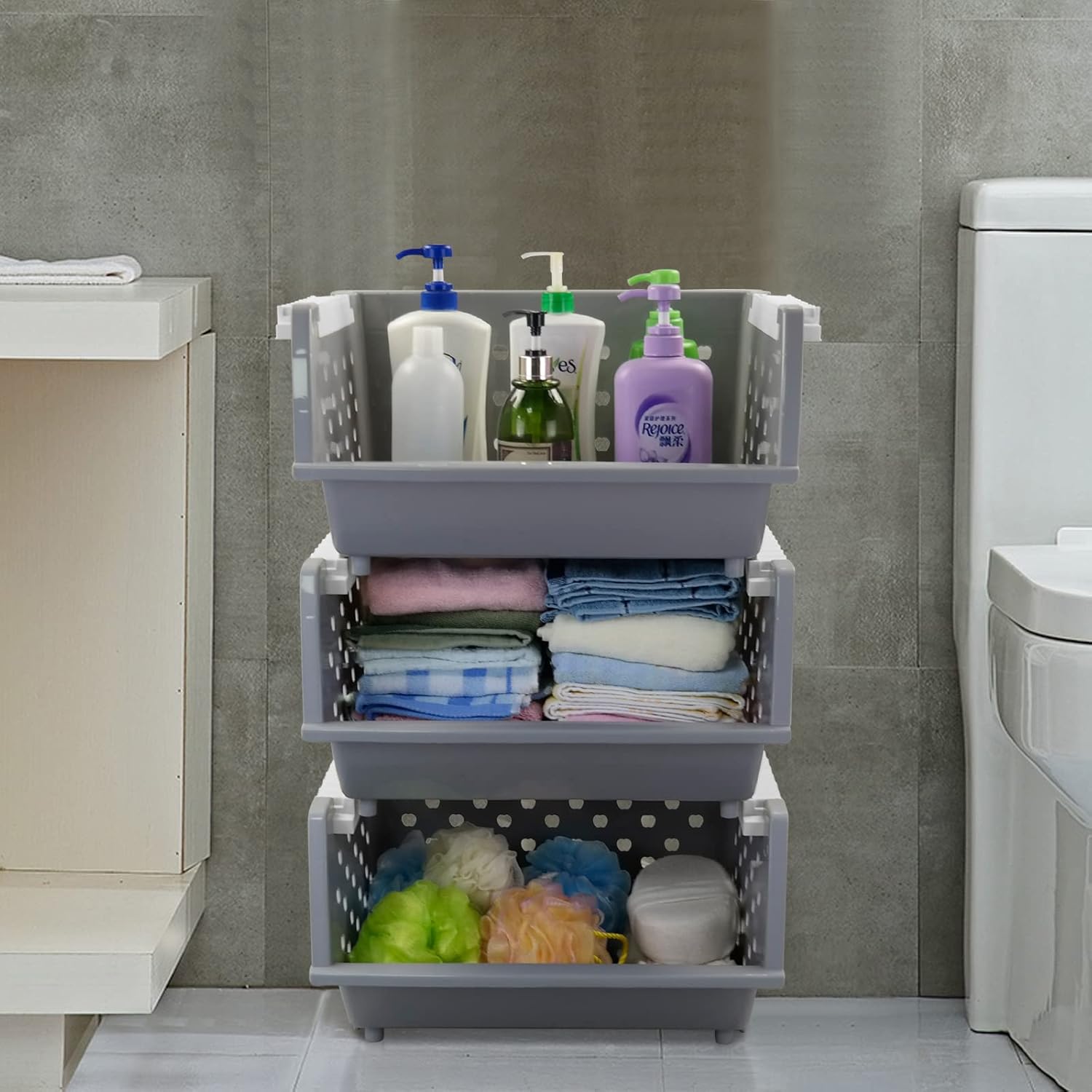 3 Pack Gray Large Stacking Basket Bin, Open Front Stackable Storage Baskets