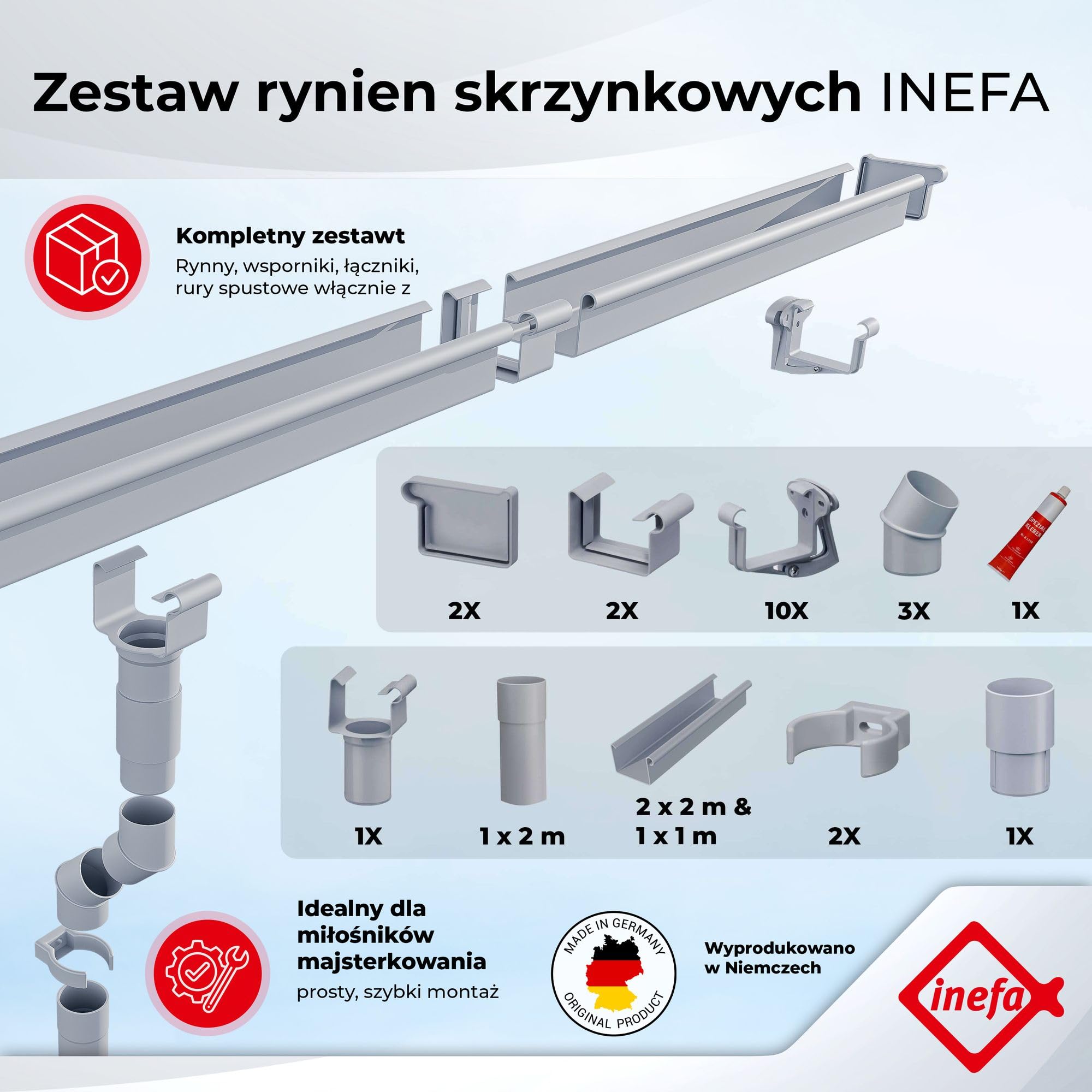 INEFA zestaw rynnowy z tworzywa NW68 / 68 mm – rynna skrzynkowa 5 m brązowa – rynna z zestawem rury spustowej PVC-U do domku ogrodowego