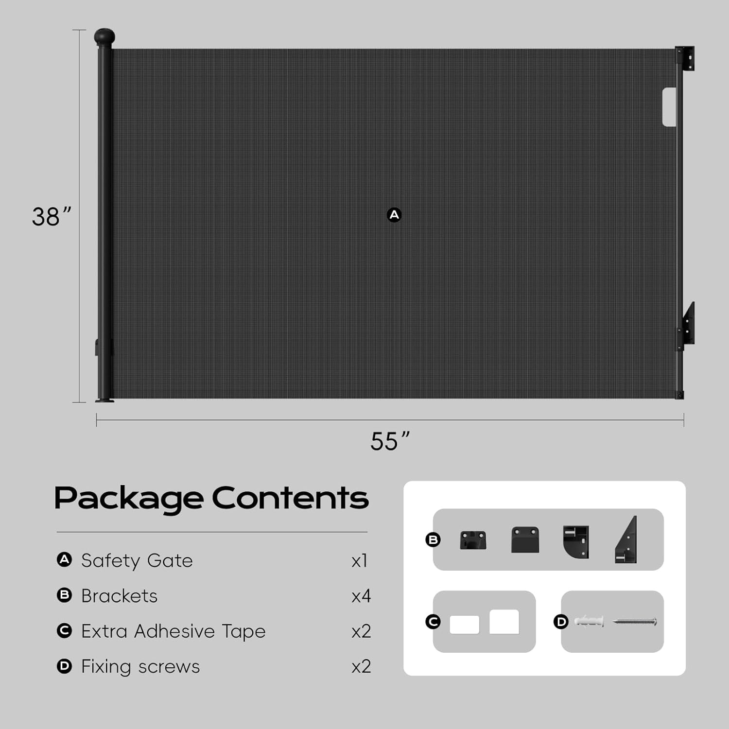 Retractable Baby Gate for Stairs, 55" Wide Mesh Baby Gate or Dog Gate, Safety Expandable Easy to Fit Doorways, Hallways, Indoor & Outdoor, One-Hand Operation, Black 55"x38"