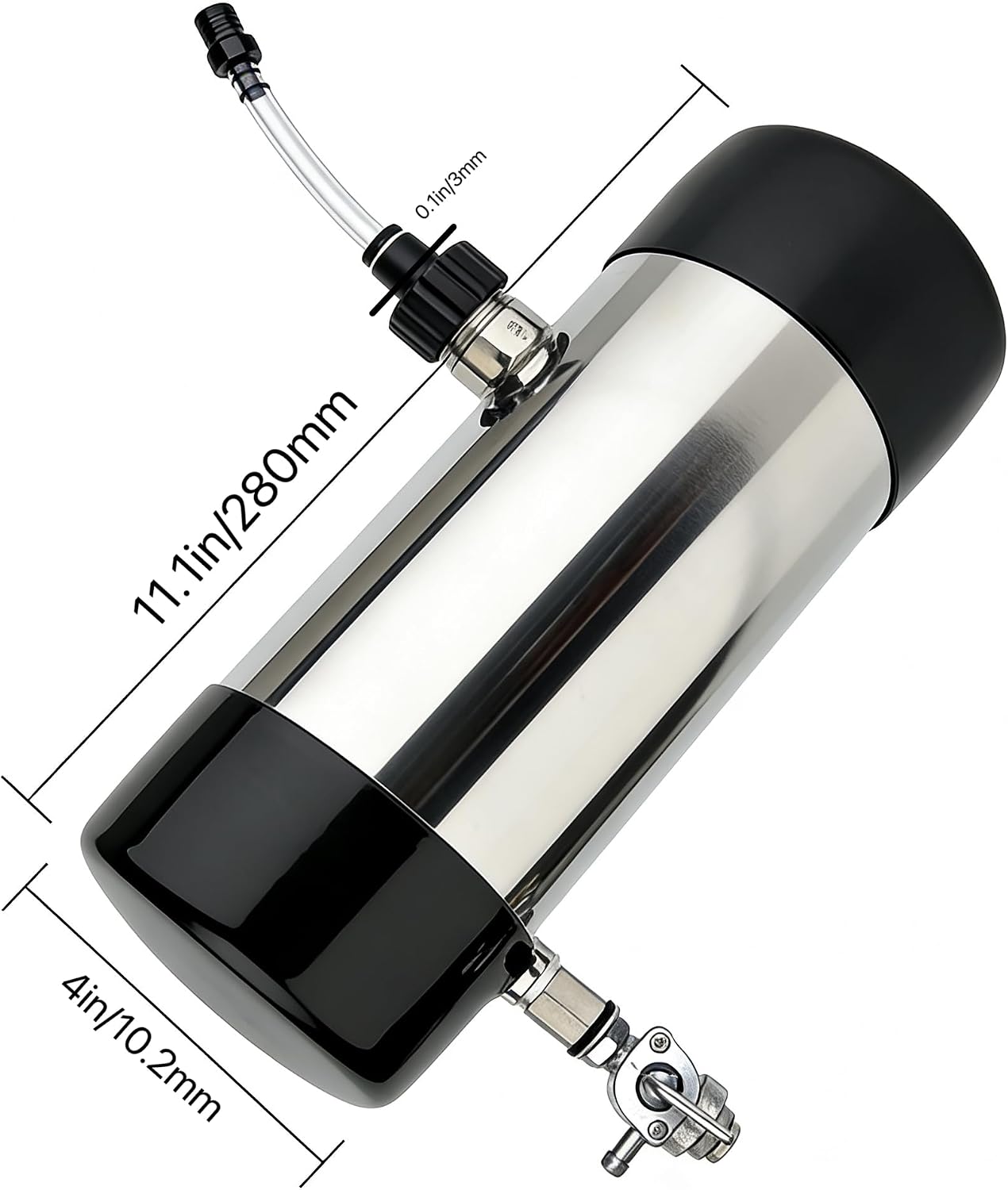 Mini stainless steel fuel tank, 4×11 inches. Compatible with Predator and Coleman motorcycles. Also fits small motorcycles, golf carts, DIY karts and all kinds of modified vehicles.