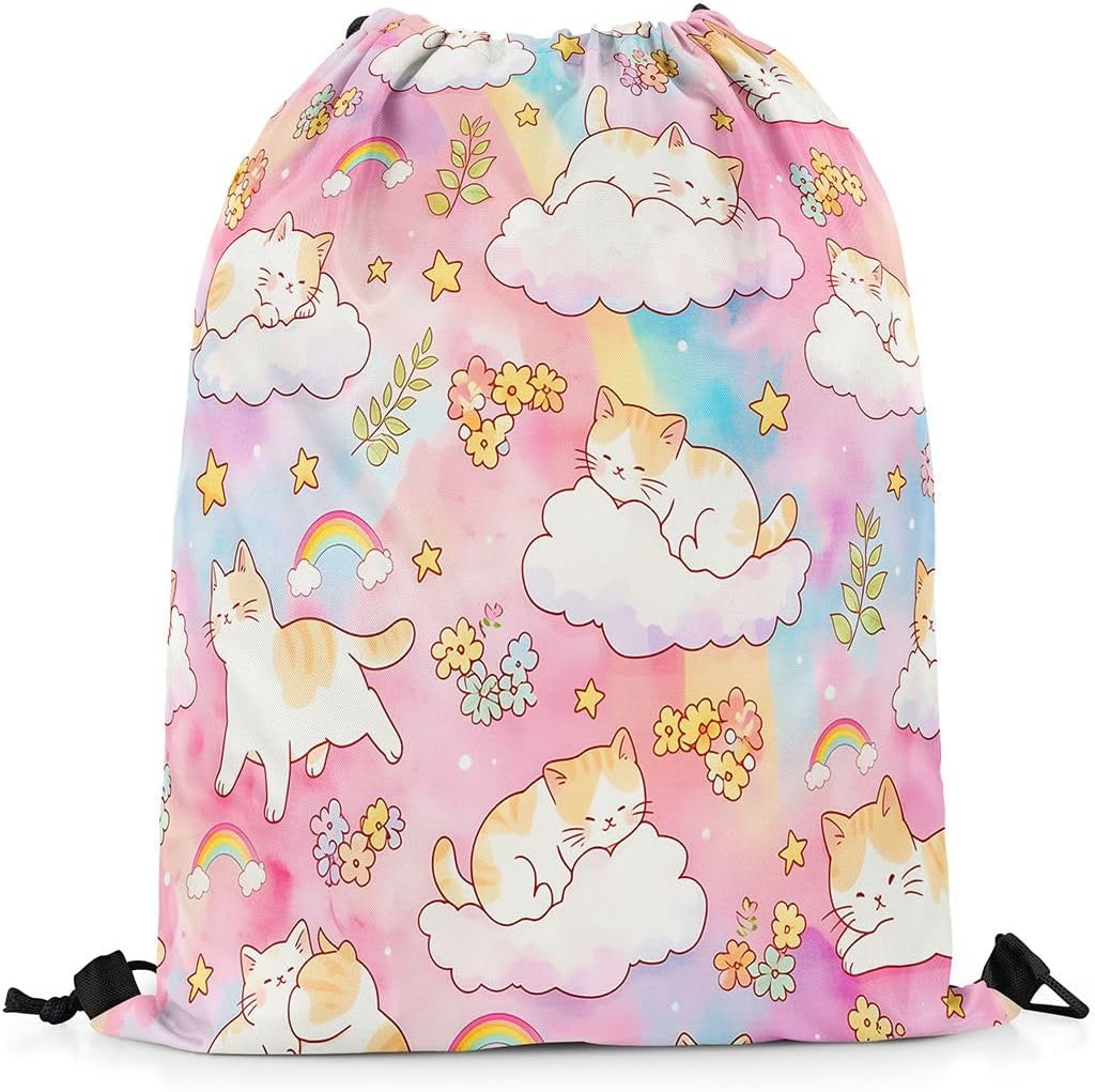 Feelyou Cute Cats Drawstring Backpack Kawaii Pet Kitten String Sackpack Pink Cats Sport Storage Bag for Gym Traveling Waterproof Cinch Bags