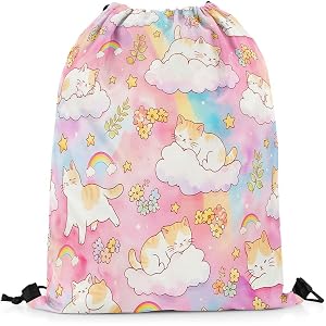 Feelyou Cute Cats Drawstring Backpack Kawaii Pet Kitten String Sackpack Pink Cats Sport Storage Bag for Gym Traveling Waterproof Cinch Bags