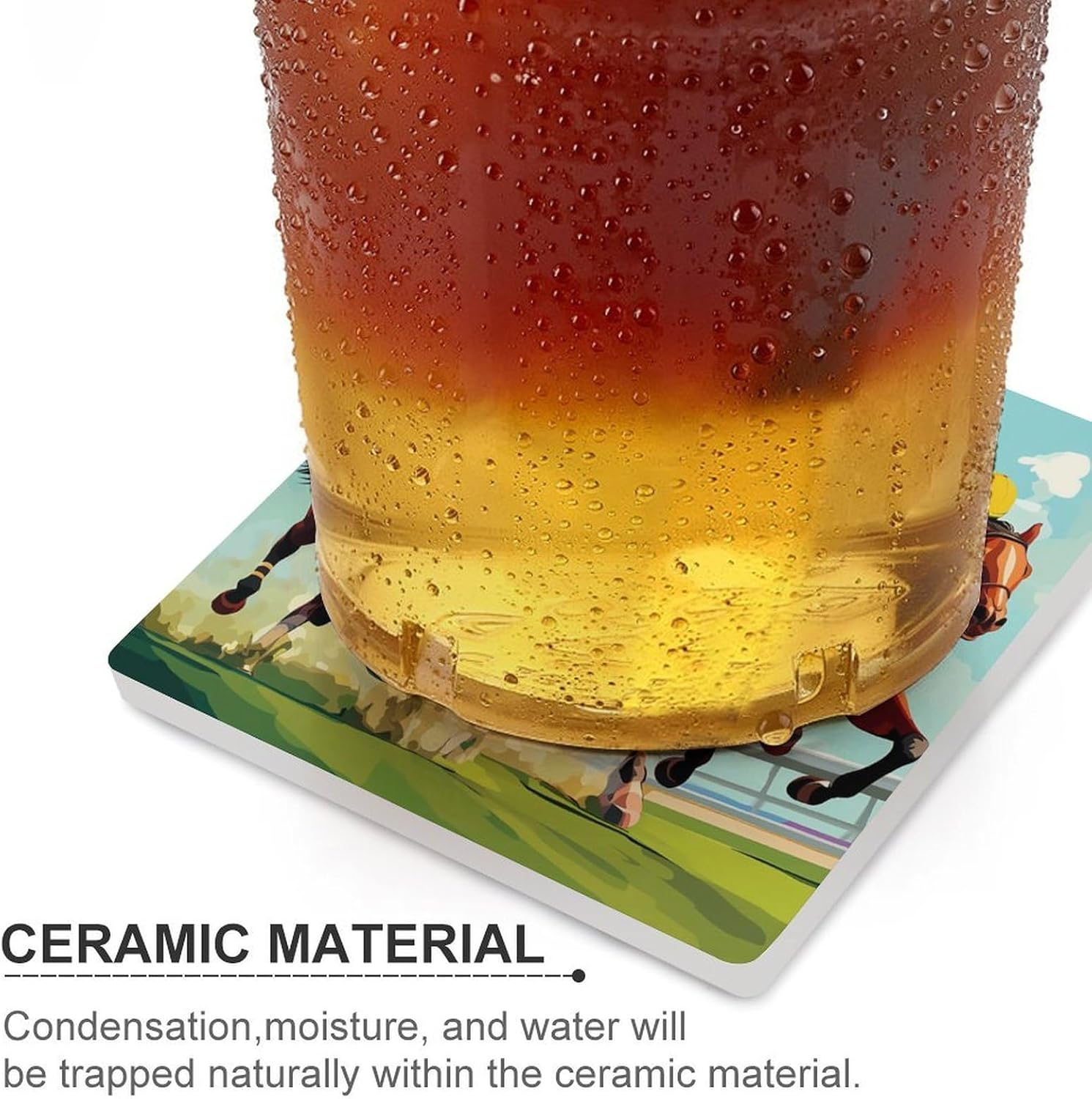 Horse Racing Coasters for Drinks Square Table Coasters Set Cup Mats with Cork Base