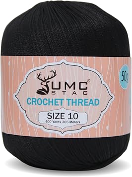 Size 10 Crochet Thread | 100% Combed Mercerized Cotton | Oeko-TEX Certified | 50g Ball 400 Yards | Ideal for Lace, Tatting & Crochet Projects Black, Size 10 Single