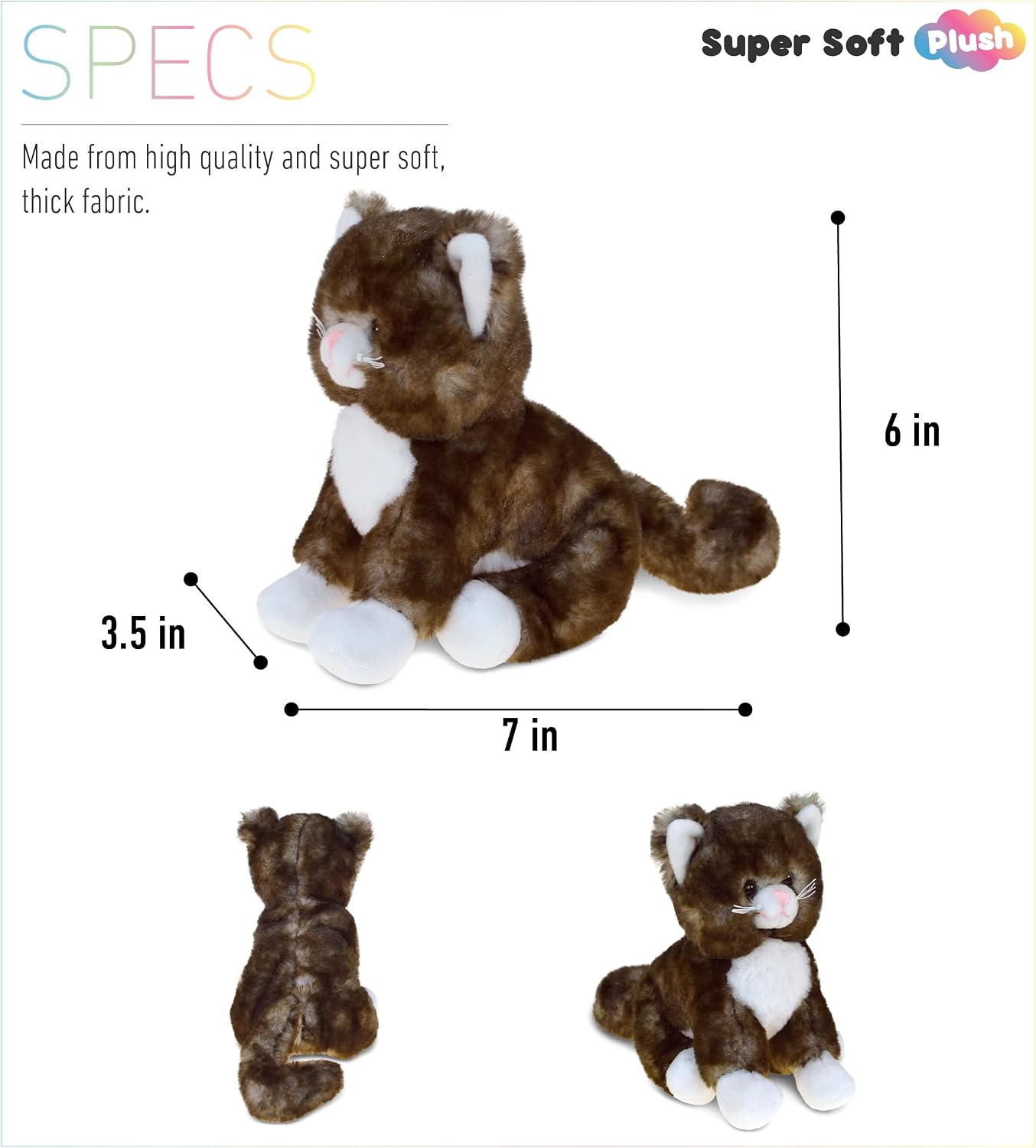 DolliBu Plush Cat Stuffed Animal - Soft Fur Huggable Sitting Brown Cat, Adorable Playtime Cat Plush Toy, Cute Pet Cat Cuddle Gifts, Super Soft Plush Doll Animal Toy for Kids & Adults - 7 Inches