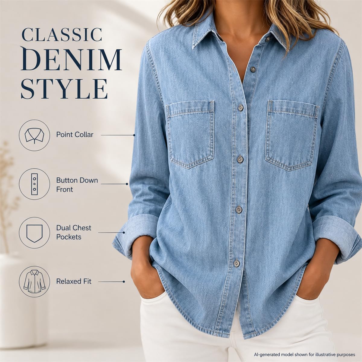 Chemise Jean Femme Manches Longues Coupe Ample Boutonnée avec Poches
