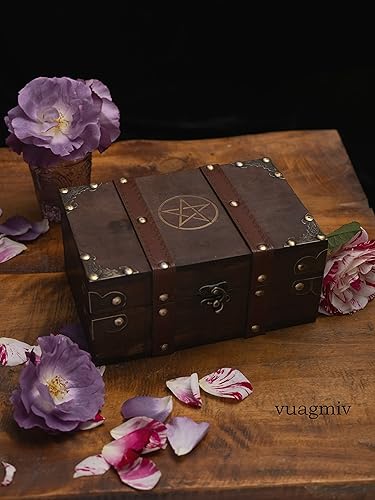 Miniatura 3 de Cofre de madera y cuero de 8.3 pulgadas con forro de terciopelo, caja de madera de pentáculo con grabado de pentagrama, suministros Wiccan de
