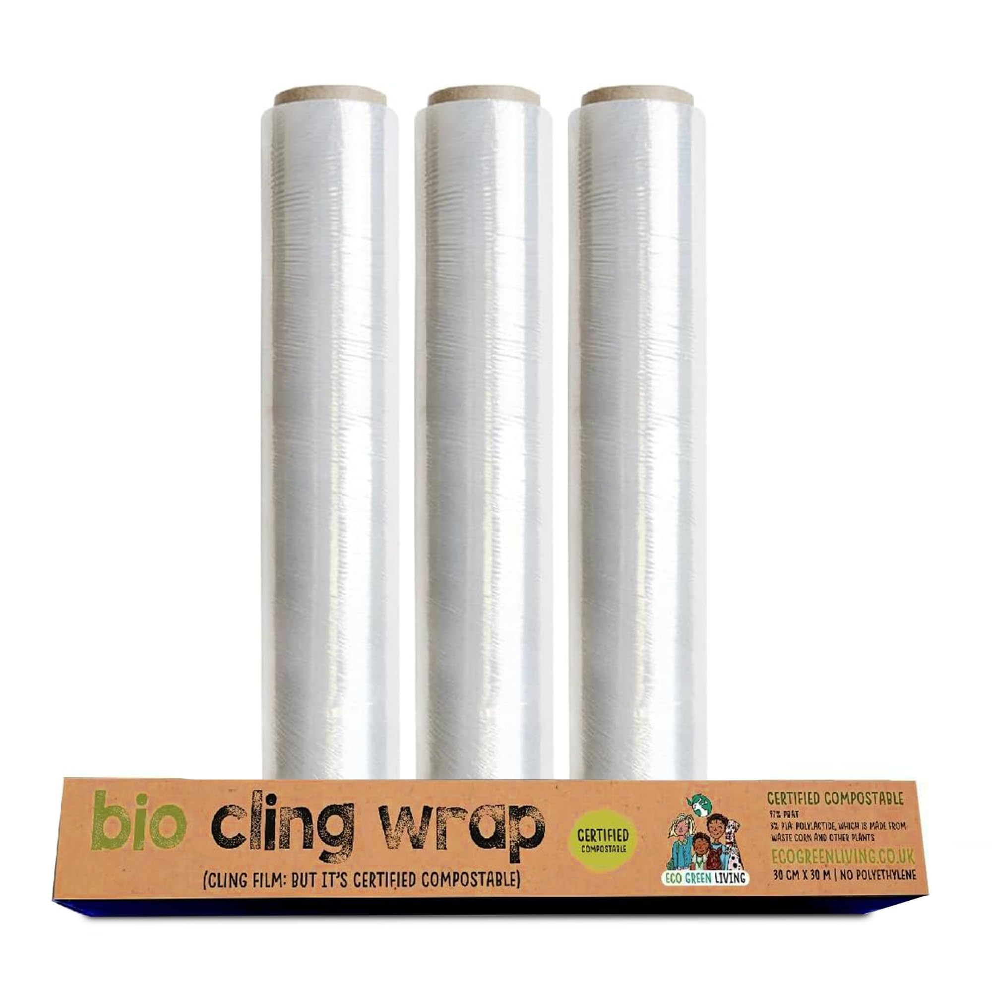 Pellicola trasparente biodegradabile Eco Green Living, 100% compostabile, senza BPA e plastica, vegana, adatta a dispenser in cartone riciclabile. Confezione da 3 rotoli da 30 cm x 30 m