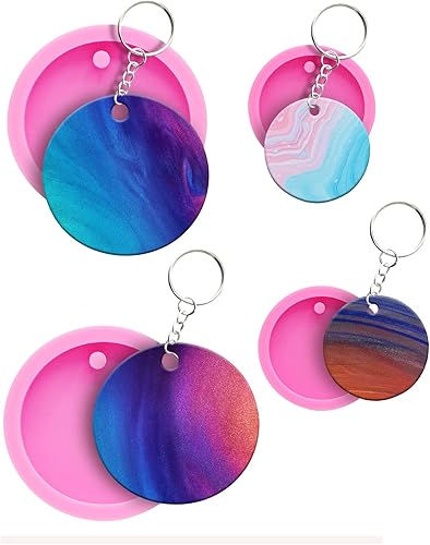 Miniatura 6 de Juego de 64 moldes redondos de silicona para llaveros, 4 moldes redondos de silicona, moldes de resina de resina epoxi, con llaveros y anillo de