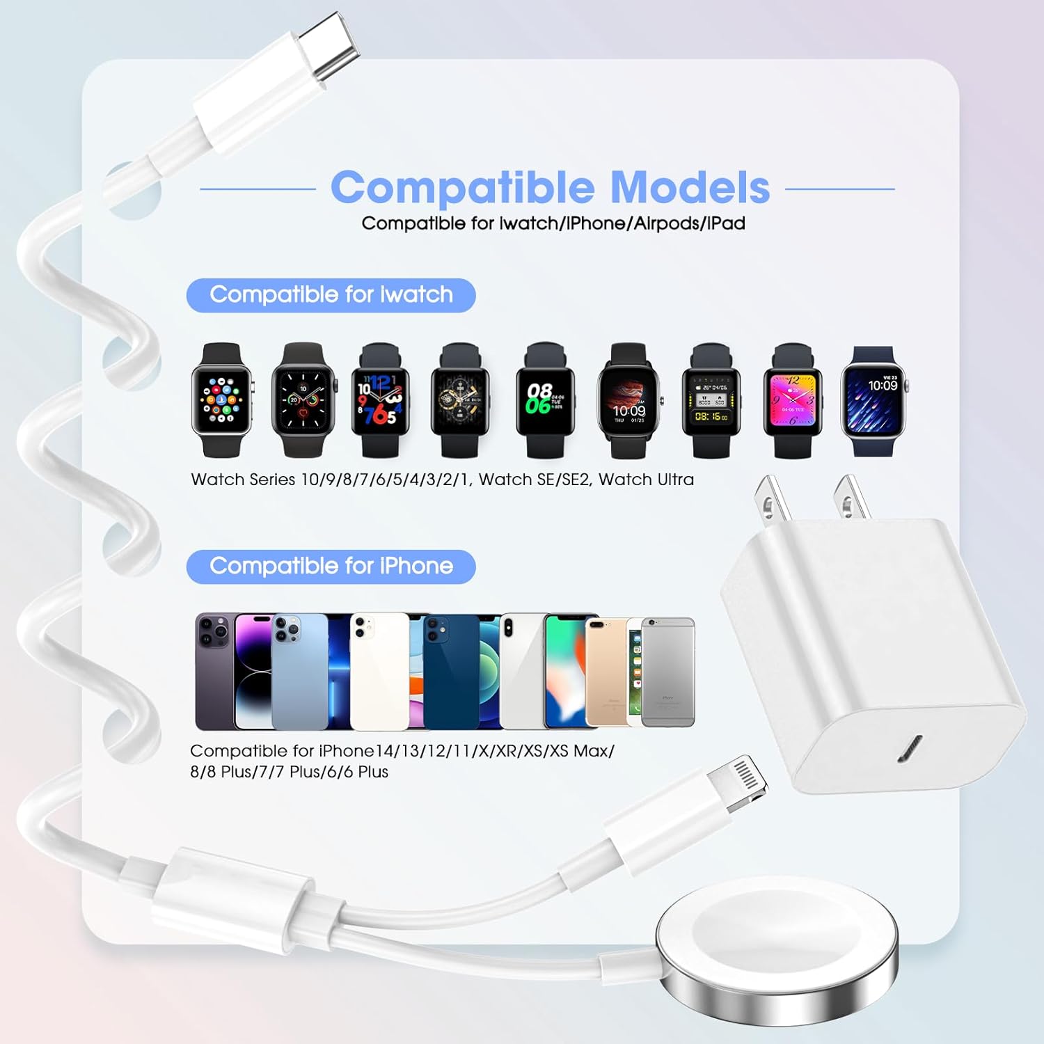 Apple Watch Charger,Upgraded 2-in-1 USB C Fast iPhone Watch [Apple MFi Certified] 6FT Magnetic Charging Cable with 15W Wall Charger Block for iWatch Series SE/8/7/6/5/4/3/2/1&iPhone 14