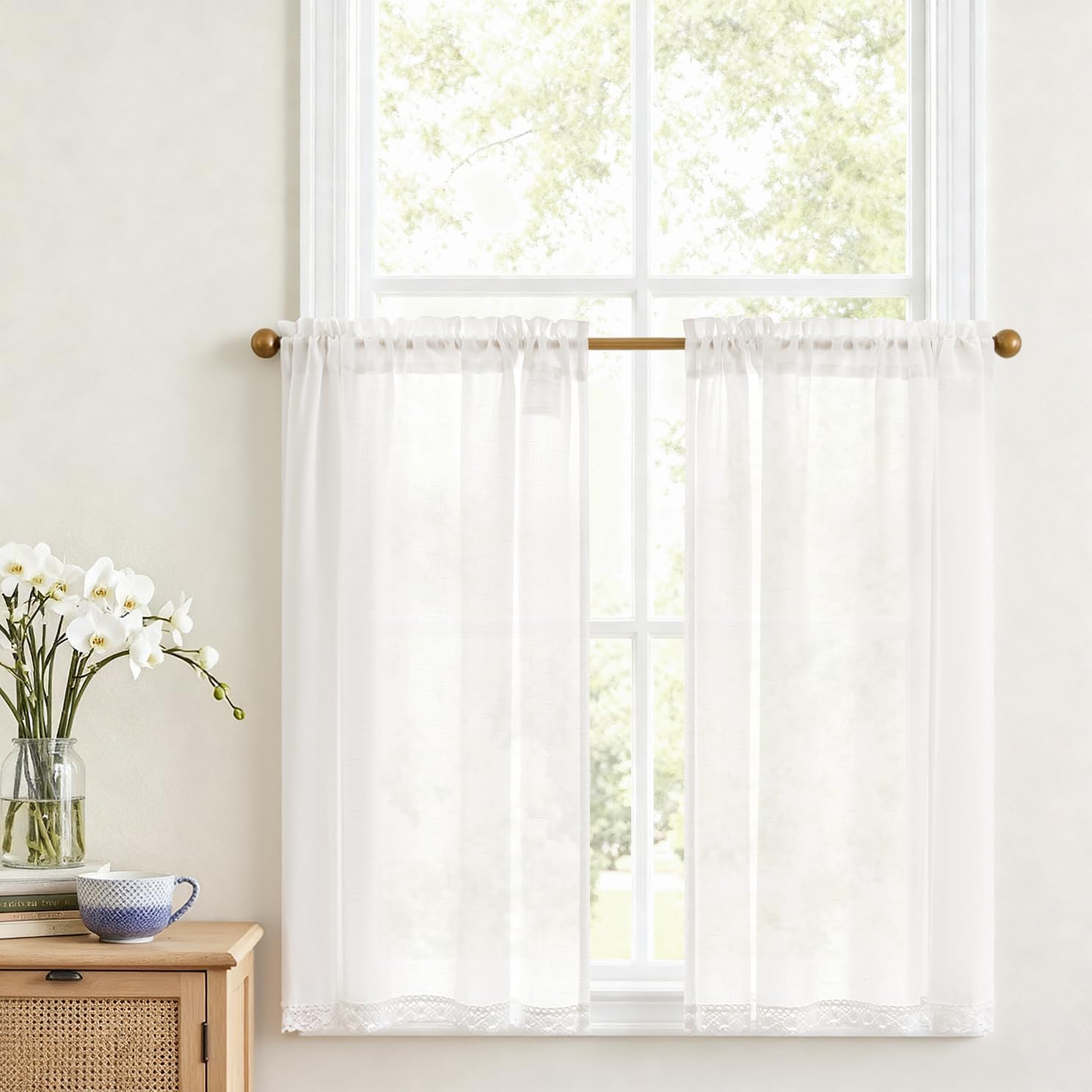 Vangao Scheibengardine Leinen Bistrogardine Halb Transparent Privatsphäre Uni Gardine Sheer Vorhang Paarig Schals Fensterschal