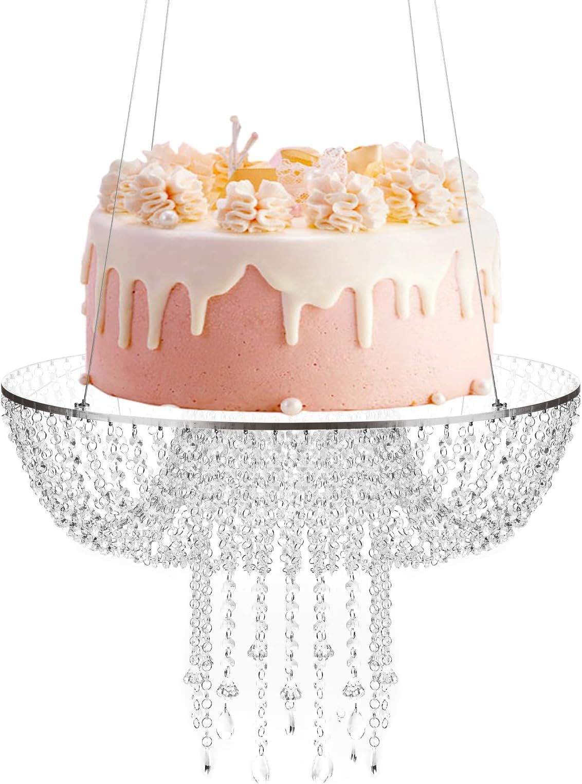 Acrylic Crystal Chandelier Cake Stand, Clear Crystal Drape Suspended Cake Stand for Wedding Birthday Party Decor, 60cm Round Hanging Dessert Display (Reinforced Packaging)