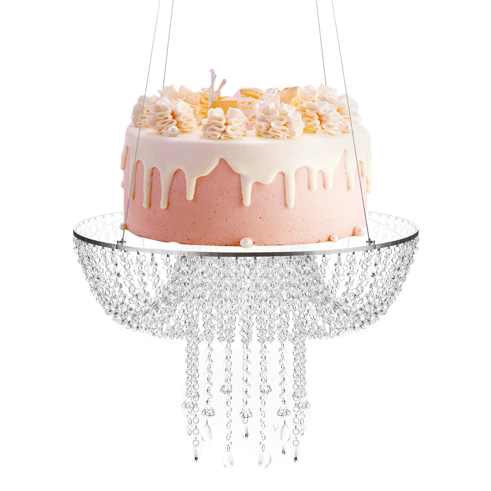 Acrylic Hanging Faux Crystal Chandelier Cake Stand Holder, 60cm(24in) Round Suspended Wedding Cake Swing Stand with Clear Acrylic Drape for Wedding Birthday Event Party Decoration