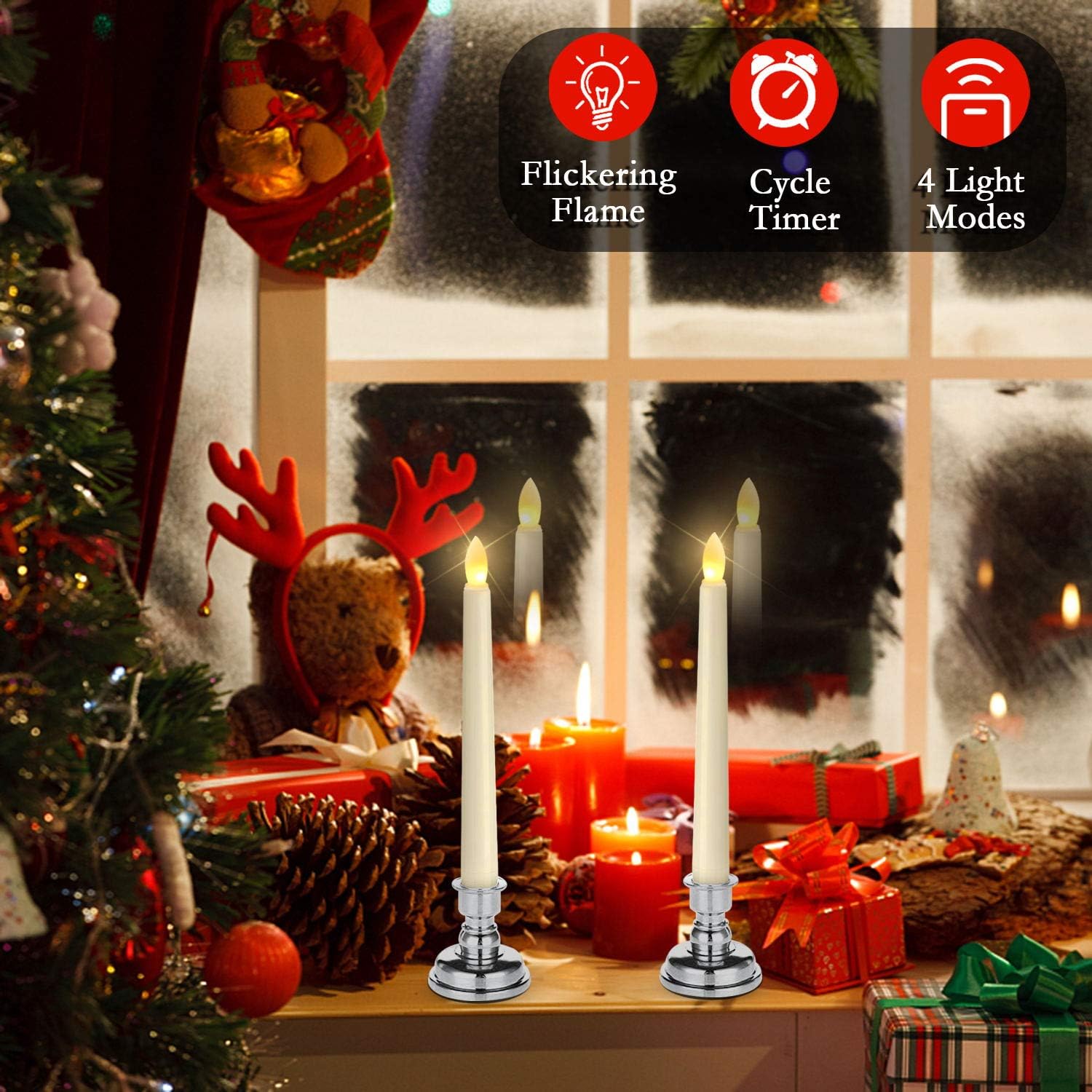 Raycare Pack of 9 LED Window Candles with Remote Timer, Flameless Taper Candles Battery Operated with Warm White Flickering Light, 7.9 Inches Taper Candlesticks with Holders(Batteries not Included)