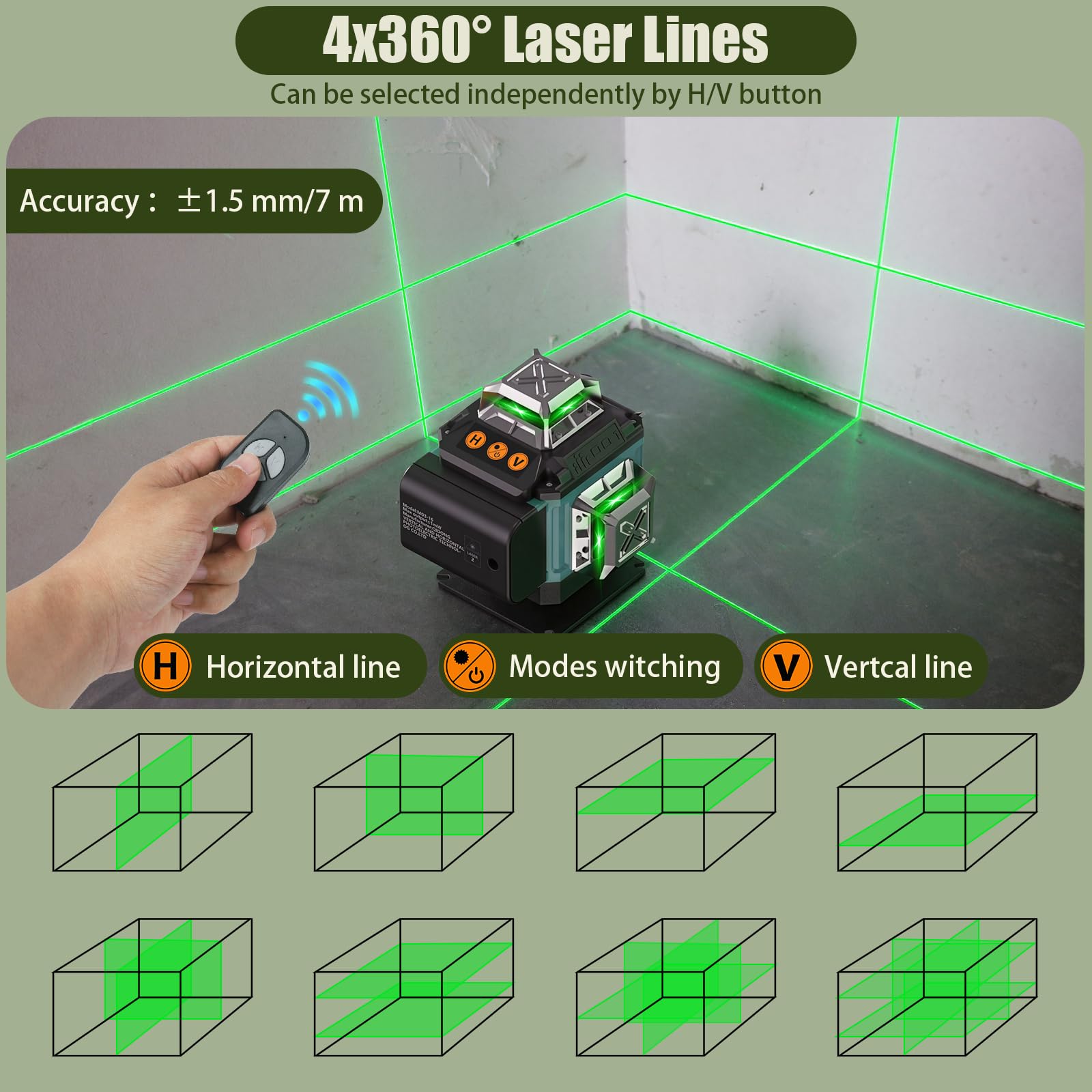 Livella Laser Autolivellante 16 Linee, 4 X 360 °Livello Laser Autolivellante Verde, 2 x Batterie, Luminosità regolabile, Supporto rotante, Telecomando, Base Magnetica
