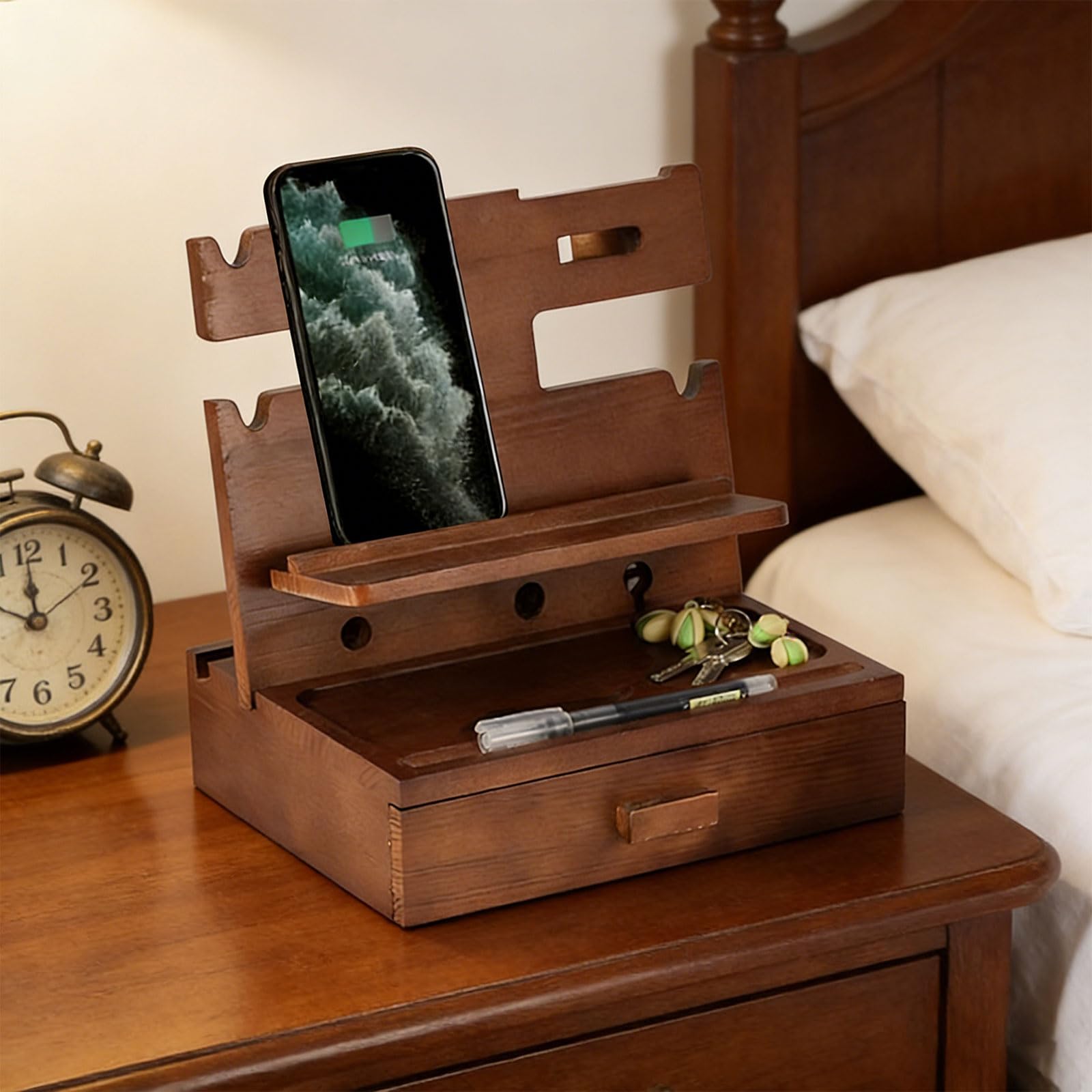 Supporto per telefono e scrivania in legno per diversi dispositivi, adatto per la maggior parte delle dimensioni dello schermo, in legno naturale