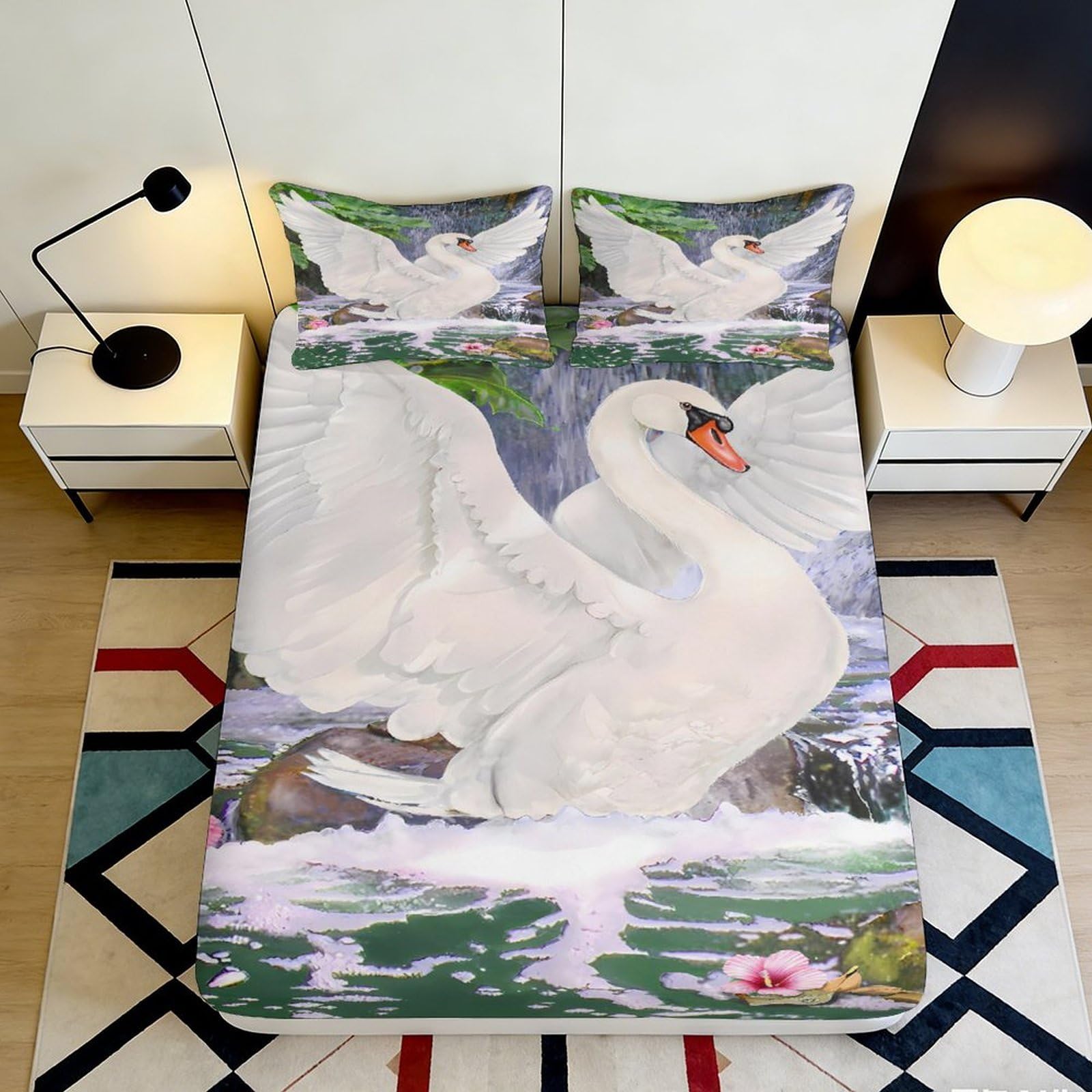 3D Printed elegant swan Fitted Sheet, Microfiber soft touch, wrinkle resistant, bedroom decor, Bed Cover for guest room bedding, easy care, anti-slip, washable, modern design, 120x200x25cm