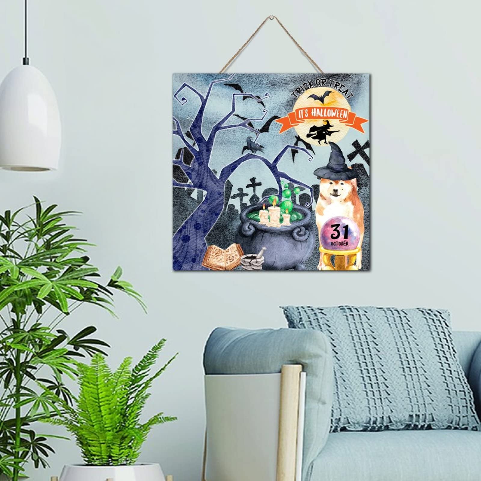 Décoration murale Halloween en bois Trick or Treat avec chien de sorcière 30x30 cm
