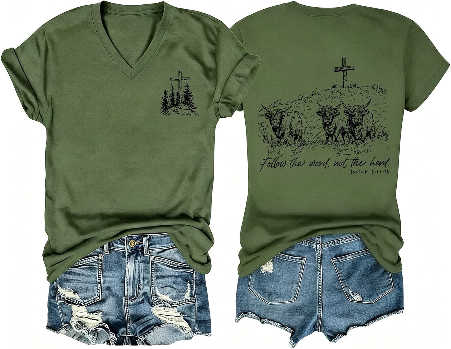 Follow The Word Not The Herd Shirt Women Western Christian V Neck T Shirt Bible Verse Shirts Vintage Cowgirl Religious Tops