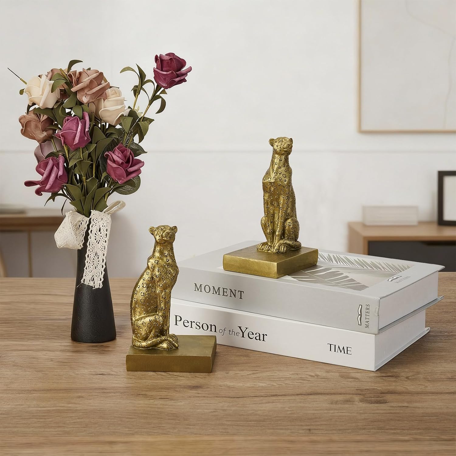 Gold Cheetah Bookends, Book Ends for Shelves to Hold Books Heavy Duty, Creative Resin Book Holders for Home Farmhouse Shelves Office Lover Gift