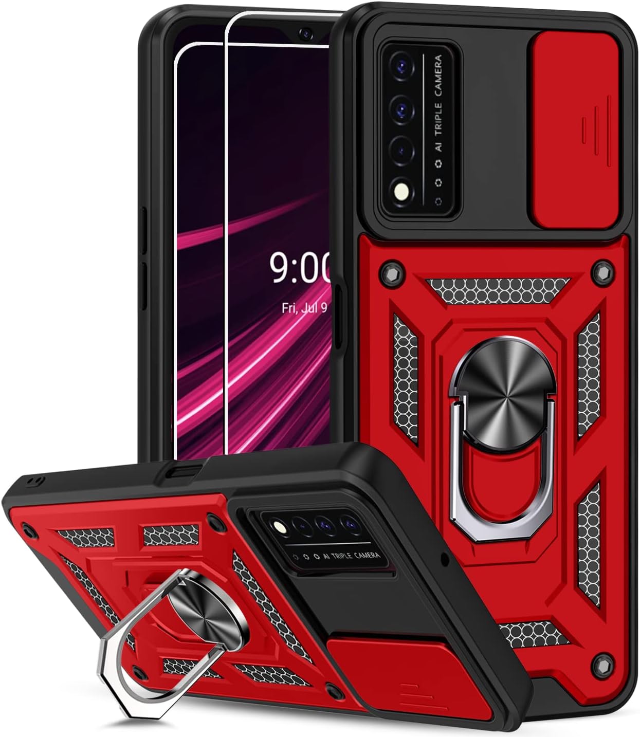 ONOLA T-Mobile Revvl V Plus 5G Case with 2Pack HD Screen Protector [Military Grade] 16ft. Drop Tested Cover with Magnetic Kickstand Car Mount Protective Case for T-Mobile Revvl V 5G (Kickstand-Red)