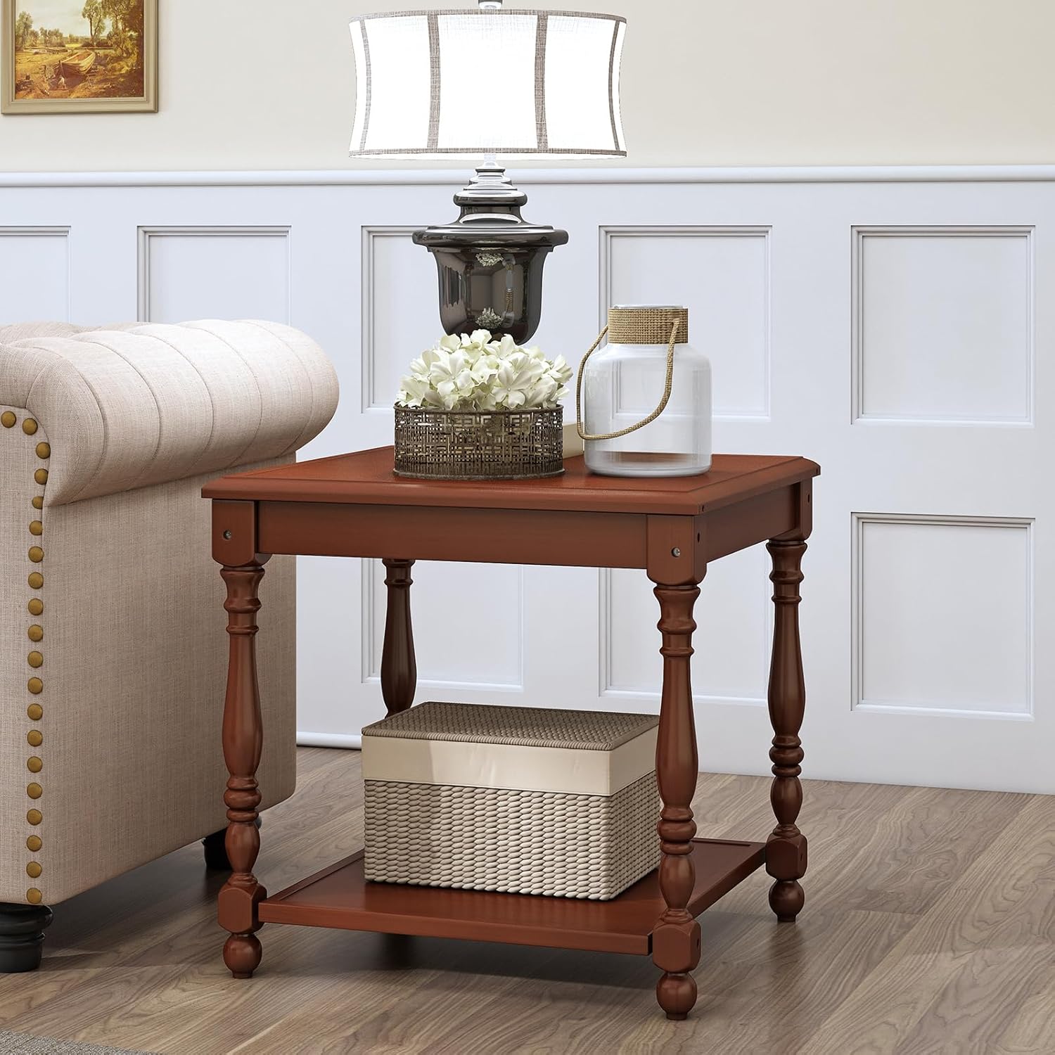 3-Piece Coffee Table Set, Vintage Solid Wood Living Room Table Set with 1 Center Table & 2 Square End Side Tables, 2-Tier Storage Shelf, Roman Legs, Dark Brown
