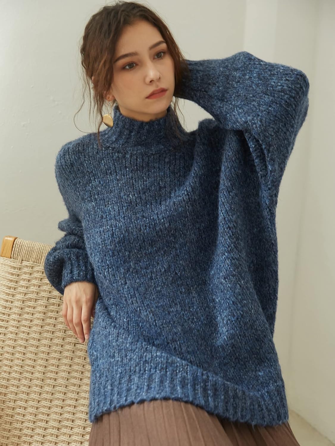 FOIVOS Women's Sweater Mock Neck Drop Shoulder Sweater Sweater for Women (Color : Navy Blue, Size : Medium)