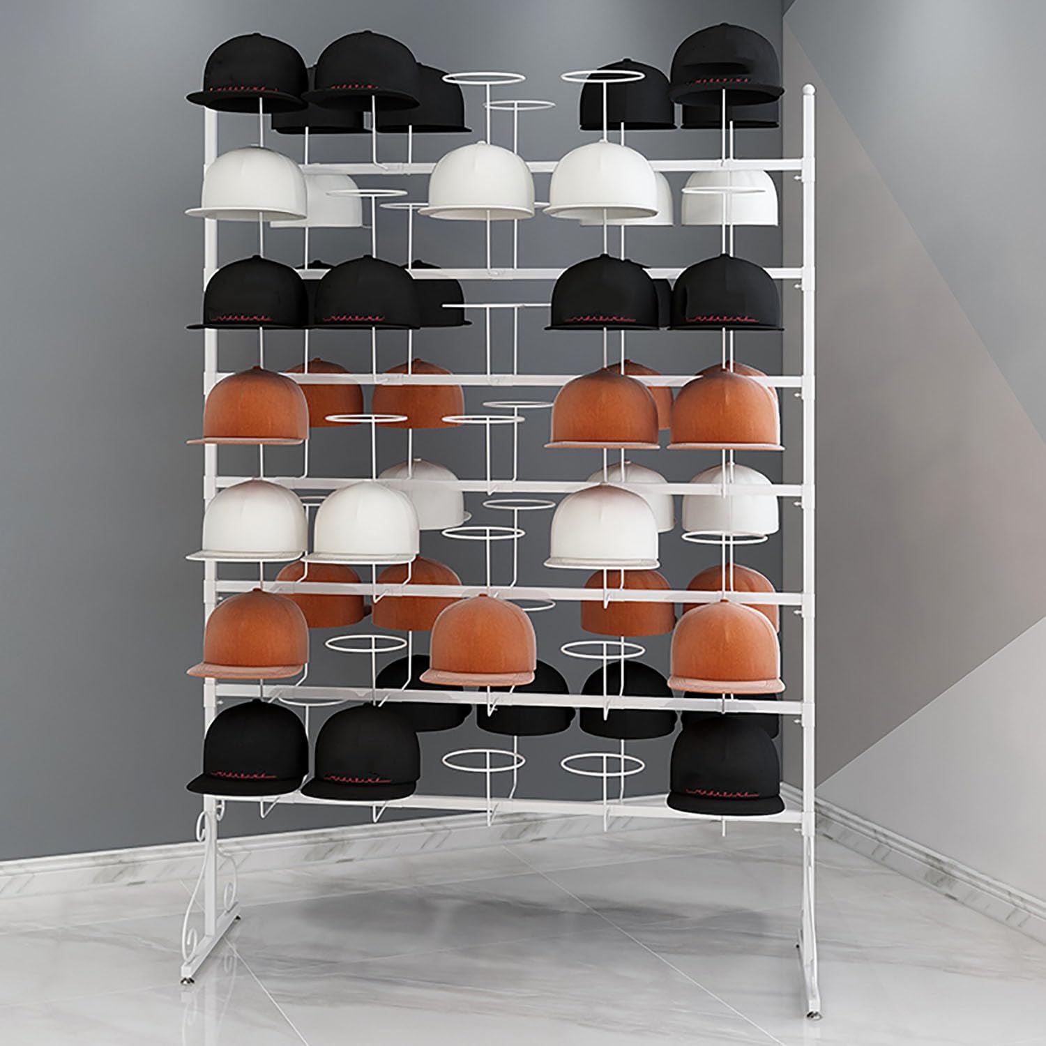 Meuble à casquettes grande capacité blanc pour l'affichage de chapeaux
