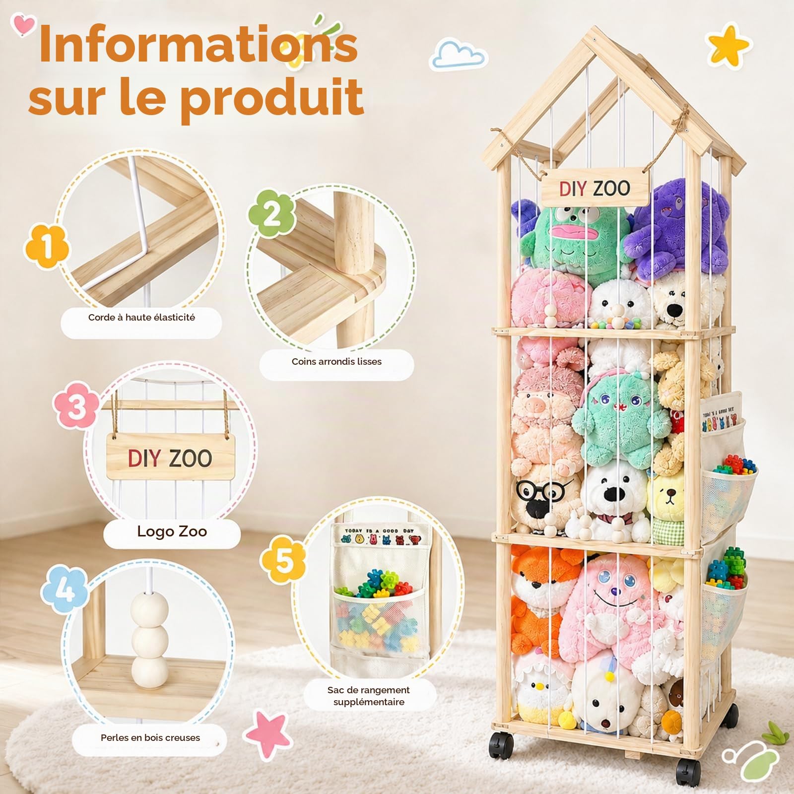 Rangement Peluche de Enfant, Range Peluche en Bois Roues, 146 * 42 * 32cm,Meuble Rangement Jouet Enfant pour Chambre d'enfant, Salle de Jeux avec Sac（avec Toit）