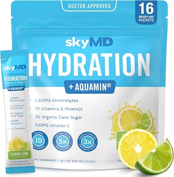 SkyMD Daily Hydration | Electrolytes Powder Packets | Low Sugar, Sodium, 10 Calories | 12 Vitamins & Minerals | Drink Mix for Energy and Recovery | Lemon Lime | 16 Sticks