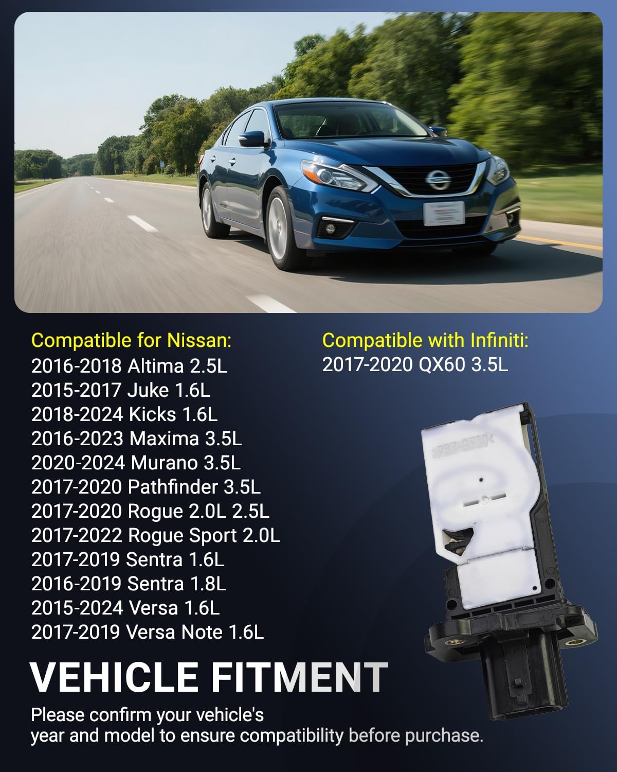 Mass Air Flow Sensor MAF Sensor 22680-5RB0A Compatible for Nissan Altima Rogue Sentra Versa Pathfinder Maxima Murano Kicks Juke, Infiniti QX60 Replaces 22680-BV80A, AFH60M-48, MAF0133