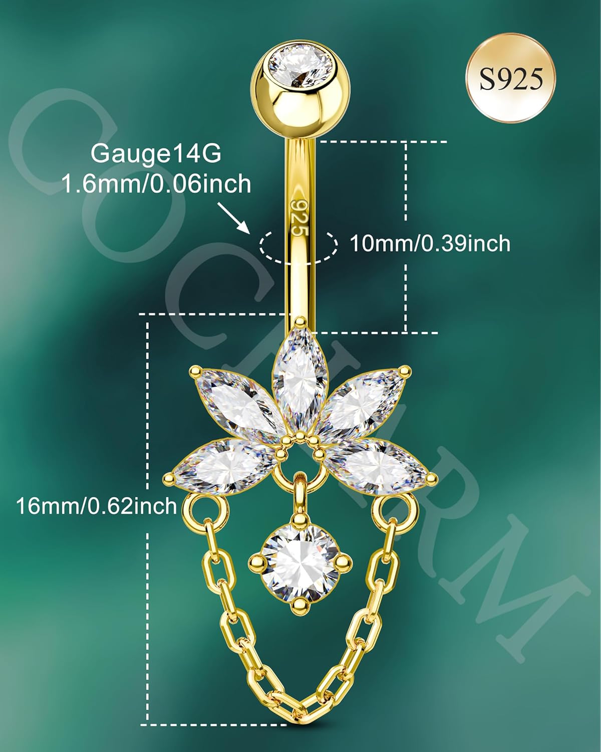 COCHARM Lotus 14K Gold Plated Belly Button Rings 925 Sterling Silver Belly Button Ring Dangle Navel Piercing Jewelry 10MM - Image 3