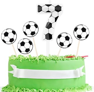 7th Birthday Candle Soccer 3D Designed Number 7 Candles with 5 Pcs Soccer Cardstock Cake Topper Decorations Happy Birthday Candle for Girls Boy Anniversary Party Supplies